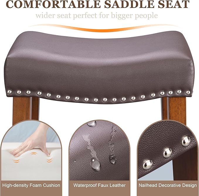 PrimeZone Counter Height Bar Stools Set of 4 - Backless Saddle Barstools with 4.3" Thick Upholstered, Nailhead Trim Faux Leather & Solid Wood Legs, 26 Inch Counter Stools for Kitchen Island, Brown