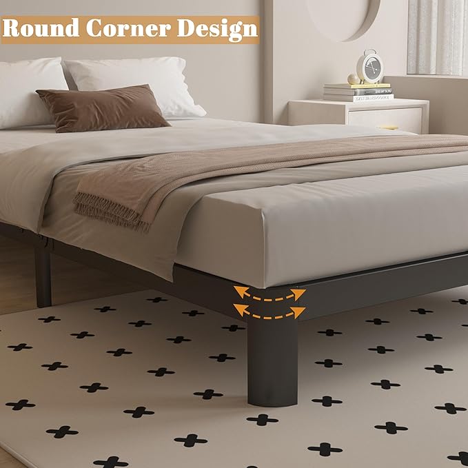 6 Inch King Size Bed Frame with Metal Gaskets, Black Bed Frame King Size No Box Spring Needed, Heavy Duty Steel Platform Support, Round Corner Design, Reserved Holes, Noiseless, Easy Assembly