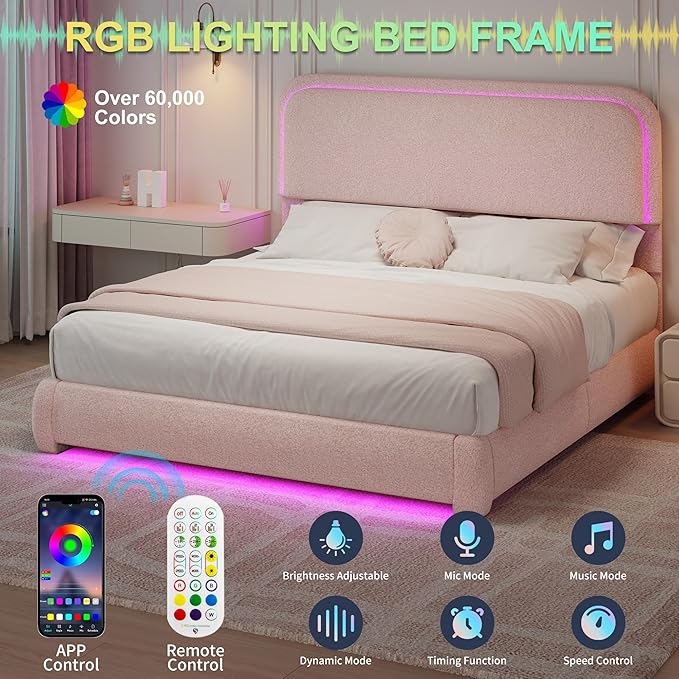Twin Size Bed Frame for Kids, Soft Teddy Fleece Upholstered Platform Bedframe with Thickened Rounded Corners Headboard Footboard, Modern Curved Shaped Cloud Beds with LED Lights, Pink