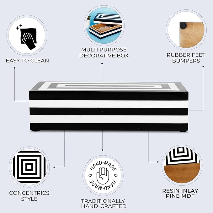 Handicrafts Home Decorative Storage Box with Lid– 10x4.5x2.5” Modern Home Decor Organizer, Memory Box & Jewelry Storage- Decorative Boxes for Living Room & Shelf Decor- Concentric - Black White