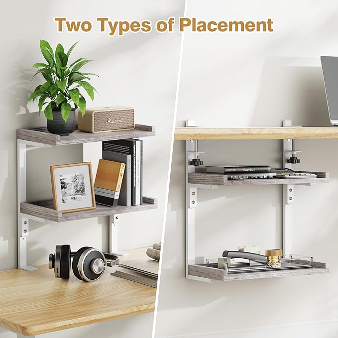 Clamp On Desk Shelf 2-Tier, 12.5 inch Wood Shelving Unit for Office Desk/Gaming Accessories, Tabletop Book Storage Rack, Shelf for Top & Under of Desk, Grey