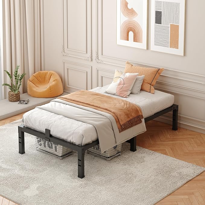 FUIOBYVV Twin XL Bed Frames 14 Inch Heavy Duty Metal Platform Bed Frame Twin Size Support Up to 3500 lbs,No Box Spring Needed,Headboard Hole,Steel Slat Support,Noise Free,Easy Assembly