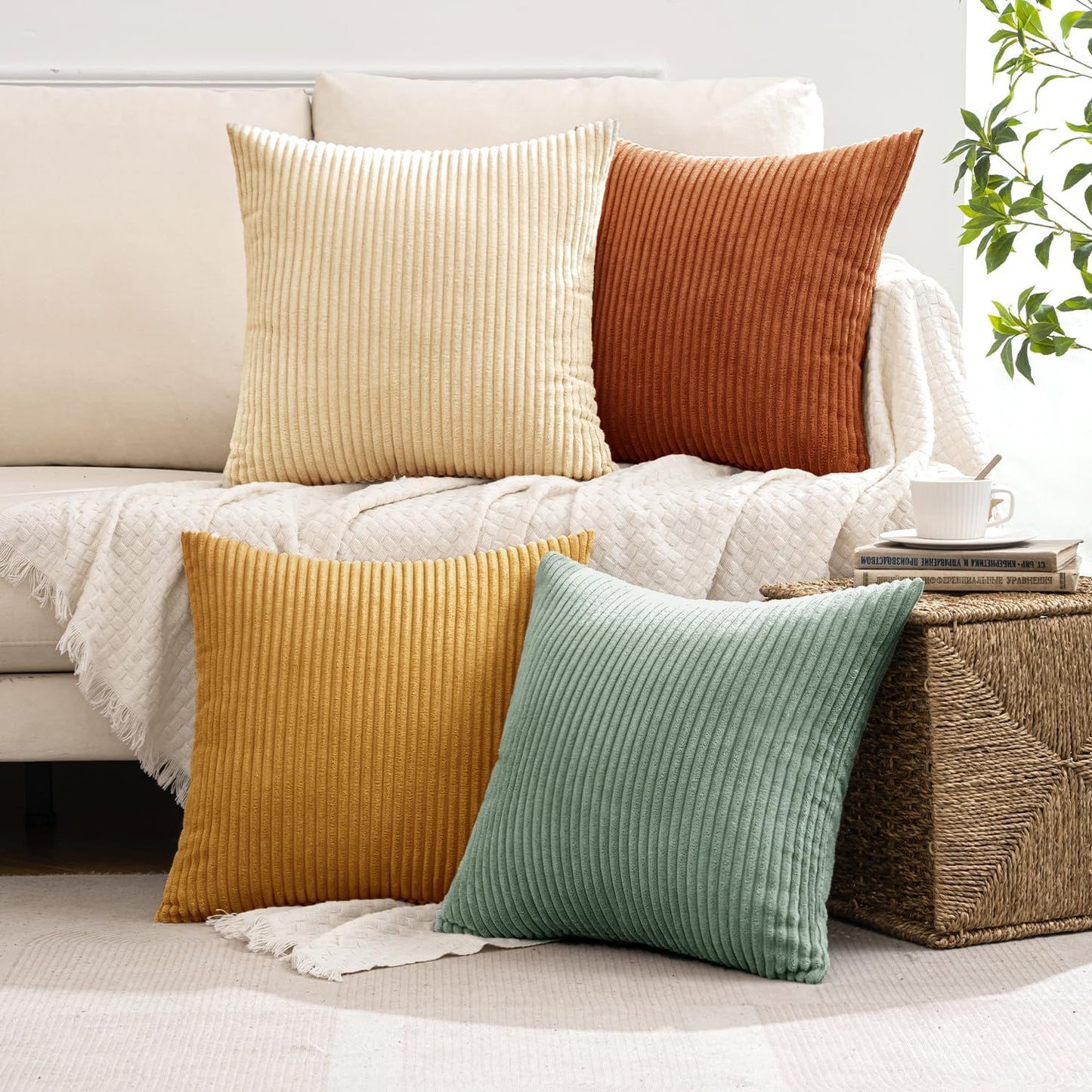 MIULEE Boho Farmhouse Throw Pillow Covers 18x18 Inch Set of 4 Summer Modern Natural Decorative Cushion Covers Soft Corduroy Home Decor for Couch Bed Sofa Living Room Orange Teal Gradient Series
