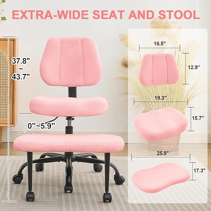 Criss Cross Legged Meditaion Chair,Exquisite Home Office Furniture,Ergonomic Kneeling with Lumbar Support and Adjustable Height Stool,for ADHD Adults,Teddy Fabric (Pink)