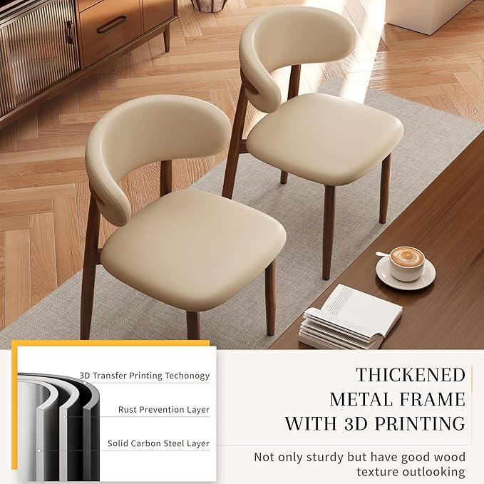 Kitchen Dining Chairs Set of 6 Modern Upholstered Leather Farmhouse Dining Room Chair with Metal Legs, Walnut/Khaki