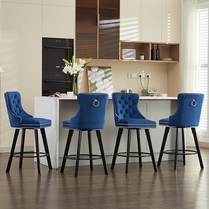 YISHENG Modern Swivel 27" H Seat Set of 4 Velvet Barstools with Backrest and Footrest,Button Tufted Rivet Trim Dining Room Chairs with Metal Pull Ring for Kitchen Island，Bistro, Home Bar，Blue