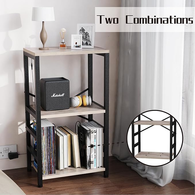 End Table with LED Light,Record Player Stand with Albums Storage,Vinyl Records Storage,Turntable Stand Side Table for Music Room Studio Living Room Bedroom-Greige