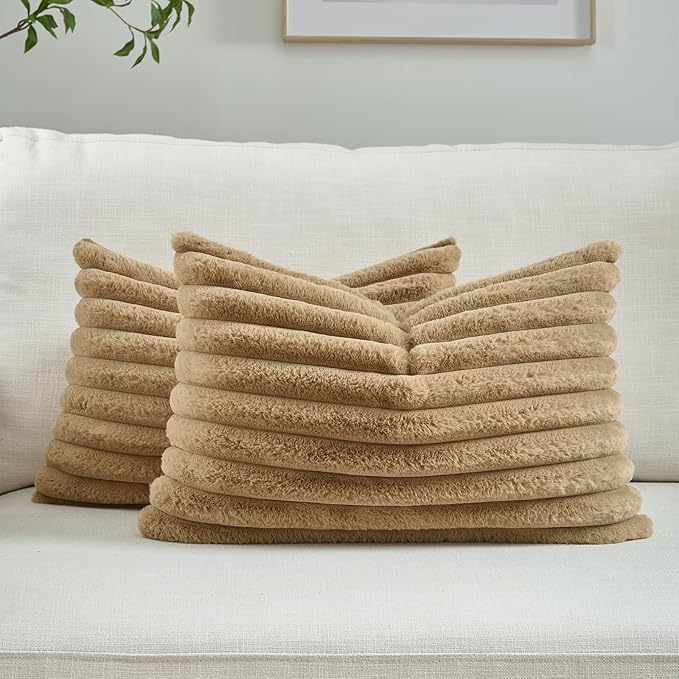 FUTEI Camel Striped Decorative Throw Pillow Covers 12x20 Inch Set of 2,Rectangle Fall Decorations Couch Lumbar Pillowcase,Soft Cozy Faux Rabbit Fur & Velvet Back,Modern Home Decor for Bed