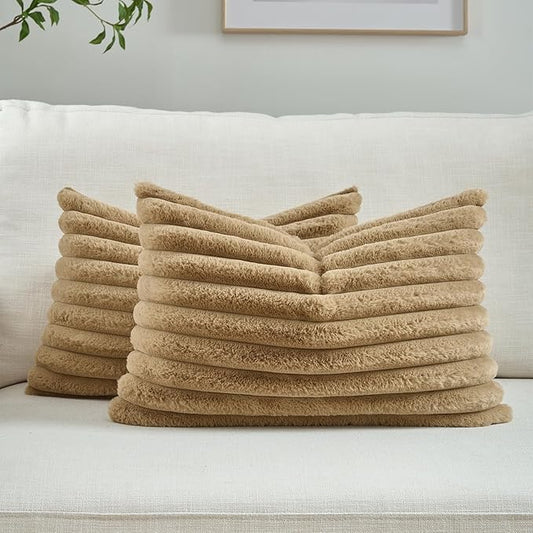 FUTEI Camel Striped Decorative Throw Pillow Covers 12x20 Inch Set of 2,Rectangle Fall Decorations Couch Lumbar Pillowcase,Soft Cozy Faux Rabbit Fur & Velvet Back,Modern Home Decor for Bed