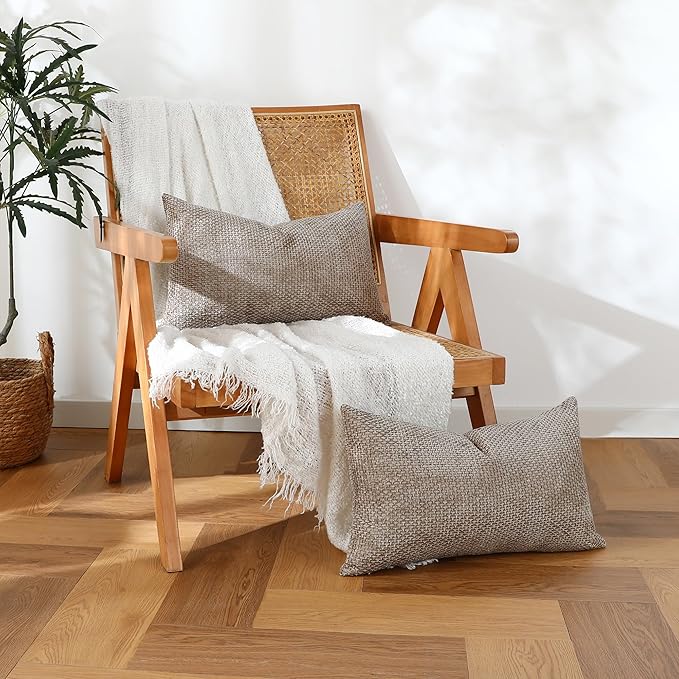 Stellhome Pack of 2 Woven Textured Decorative Throw Pillow Covers Soft Chenille Accent Luxury Cushion Cases for Living Room Couch Bed Sofa Farmhouse Boho Home, 12x20 inch, Light Brown