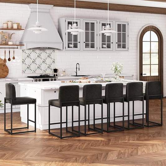 ALPHA HOME 24 Inch Bar Stools Set of 6, Kitchen Counter Stools with Backs, PU Leather Barstools, Kitchen Stools with Back&Upholstered Footrest, Sturdy Chromed Metal Steel Frame, Grey