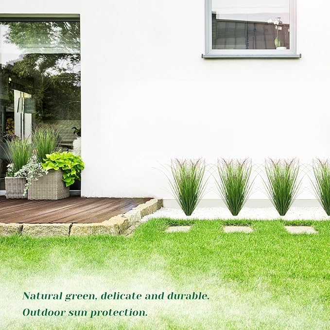 36Pcs Artificial Grass Plants, Faux Shrubs Wheat Grass, Fake Tall Grass Plants for Outdoor Decor, Greenery Stems Weed for Room Indoor Home Decor（Green Red Tail