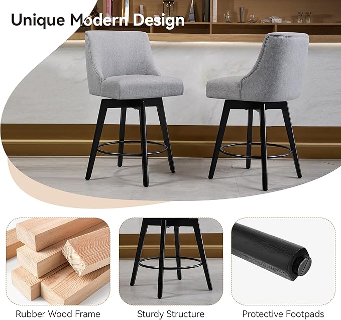 Vipbear Counter Height Bar Stools Set of 2, 26" H Swivel Bar Stools with Backs, Linen Fabric Upholstered Bar Chairs with Solid Wood Legs for Kitchen Island, Dining Room, Home Bar, Light Grey