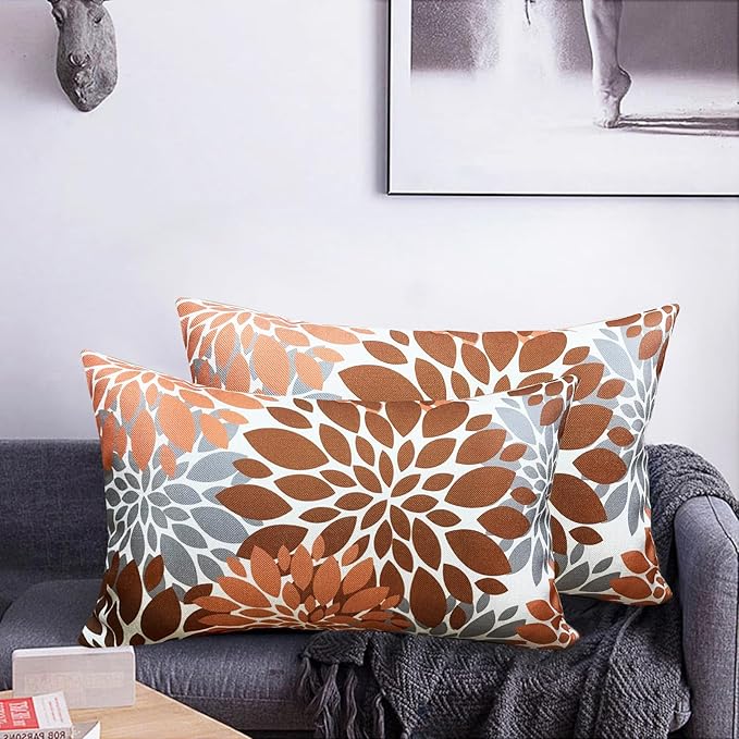 Decorative Throw Pillow Covers Set of 2 Brown Coffee Pillow Covers 12x20 Inch Couch Pillow Covers for Sofa Living Room Outdoor Throw Pillow Cover Linen Floral Flower Farmhouse Pillowcase