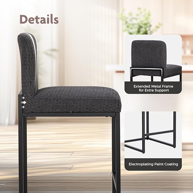 ALPHA HOME 24" Bar Stools Set of 2 Kitchen Counter Stools with Back, Counter Height Stools with Upholstered Footrest for Kitchen Island, Metal Steel Frame, Chenille, Darkgray