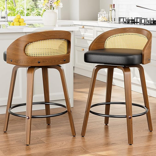 Swivel Bar Stools Set of 2, 26" Upholstered Faux Leather Barstools with Bentwood Legs, Mid Century Modern Counter Height Bar Stools with Rattan Back for Kitchen Island, Dining Room, Black
