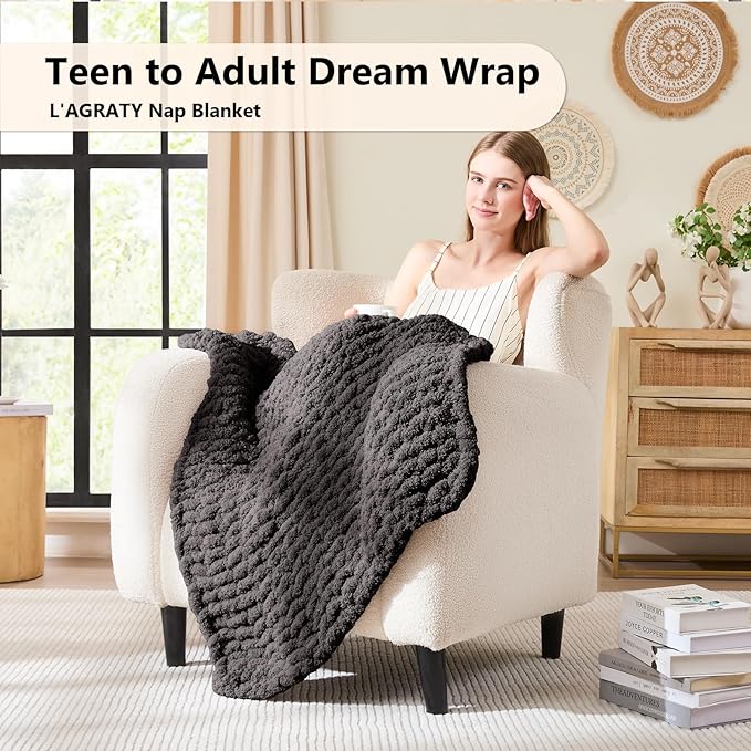 L'AGRATY Chunky Knit Blanket Throw - Soft Chunky Throw Blanket 30x40: 100% Hand Kintted Chenile Crochet Throw Blanket for Couch - Large Cable Knit Chunky Blanket for Home Decor(Dark Grey)