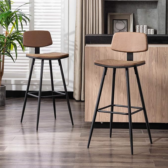 Modern Bar Stools 29 Inch Counter/Bar Height Barstools Set of 2 Leather Upholstered Barstool Chairs with Low Back for Kitchen Island, Dining Table & Breakfast Bar, Brown