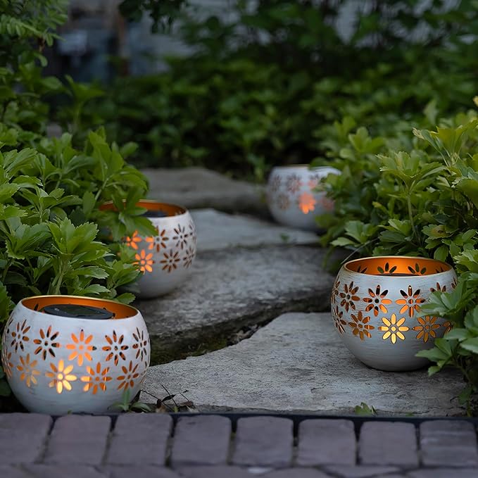 5.4" (2-Pack) Outdoor Waterproof Solar Lanterns - Metal Porch Lights with Flickering Flame for Tabletop, Patio, Garden & Landscape Décor (White)