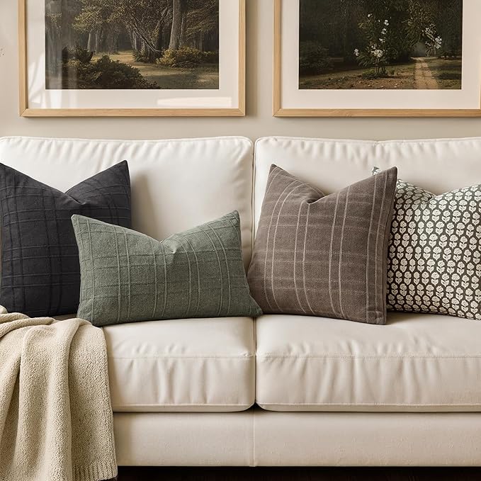 MIULEE Decorative Linen Check Lumar Throw Pillow Covers Neutral Farmhouse Vintage Pillow Covers 12x20 Set of 2 Boho Modern Home Decor for Sofa Couch Bedroom Cushion Olive Green