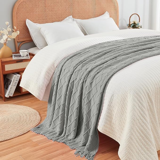 inhand Knitted Throw Blankets for Couch and Bed, Soft Cozy Knit Blanket with Tassel, Light Grey Lightweight Decorative Blankets and Throws, Farmhouse Warm Woven Blanket for Men and Women, 60"x80"