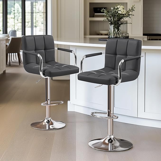 Yaheetech Bar Stools Set of 2, Adjustable PU Leather Swivel Barstools, Modern Counter Stools with Back and Footrest, Counter Height Barstools for Bar, Kitchen, Dining Room, Grey