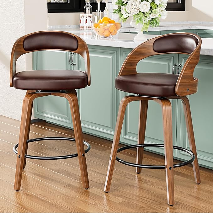 Bar Stools Set of 6, 26" Counter Height Barstools with Bentwood Legs, Swivel Counter Stools with Back, Mid Century Modern Faux Leather Upholstered Barstools for Kitchen Island, Brown