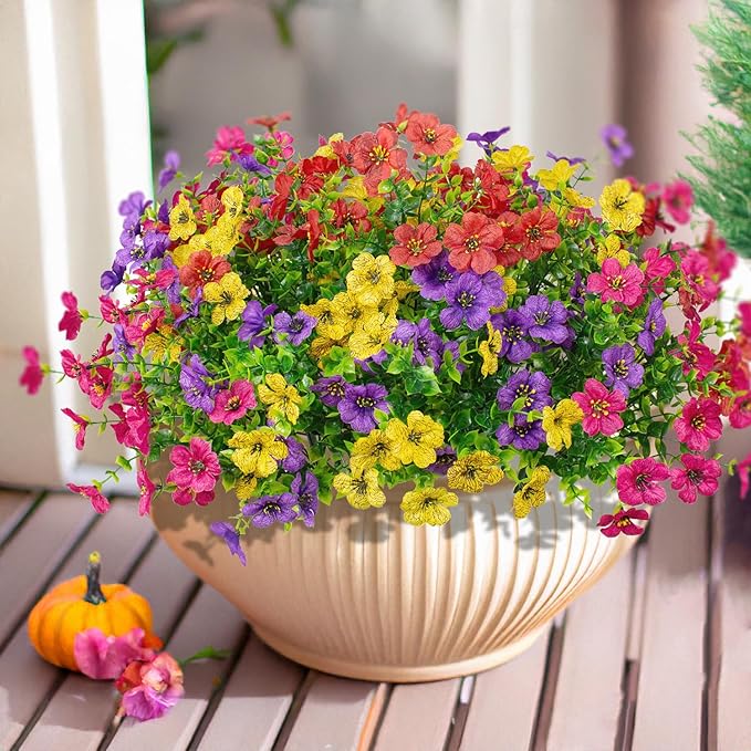 16 Bundles Artificial Flowers Outdoor Spring Summer Decoration Fake Silk Colorful Daisy Eucalyptus Realistic UV Outside Faux Plants for Garden Porch Window Box Home Decor(Red Yellow Pink Purple)