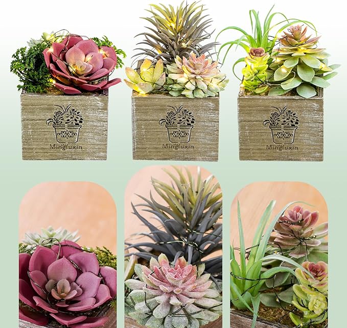 Mingfuxin Small Fake Plants, 3 Packs Mini Succulent Plants Artificial with Led Lights for Indoor Bathroom Bedroom Desk Office Decor