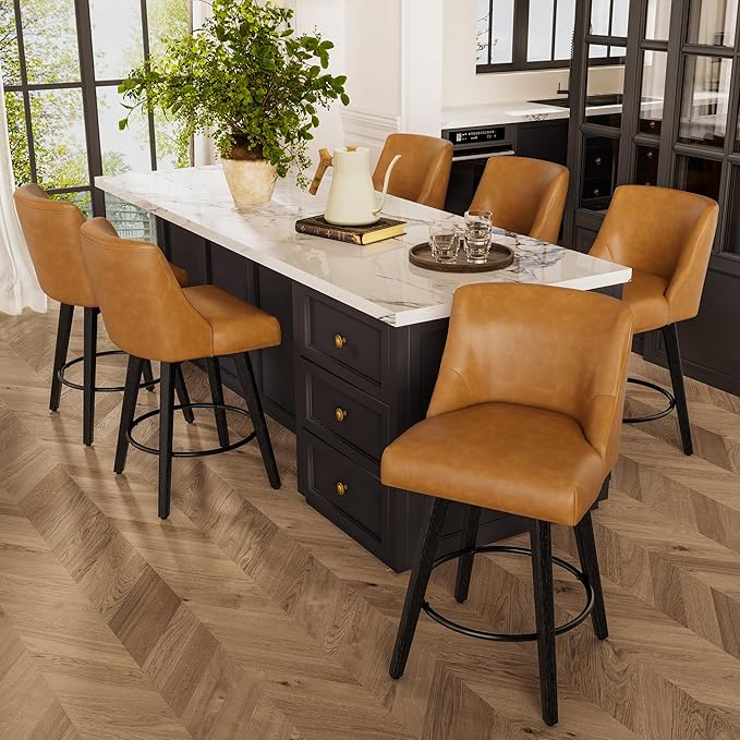 Counter Height Bar Stools Set of 6, Modern Swivel Barstools with Back and Wood Legs, Faux Leather Upholstered Bar Chairs, 26" H Kitchen Counter Stools, Kitchen Island Home Bar, Whisky Brown