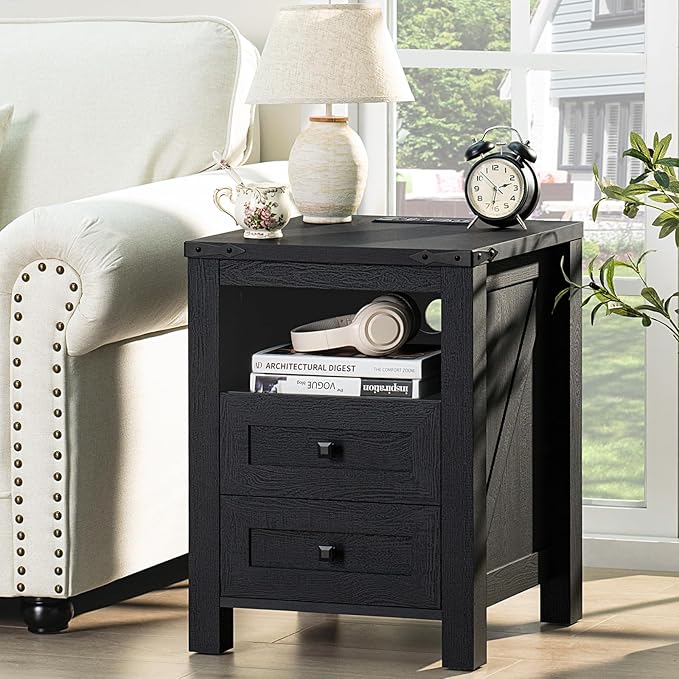 Nightstand with Charging Station, Farmhouse Night Stand with 2 Drawers and Shelf Storage, Wooden Side End Table, Bedside Cabinet for Bedroom, Living Room, Closet, Office (Black)