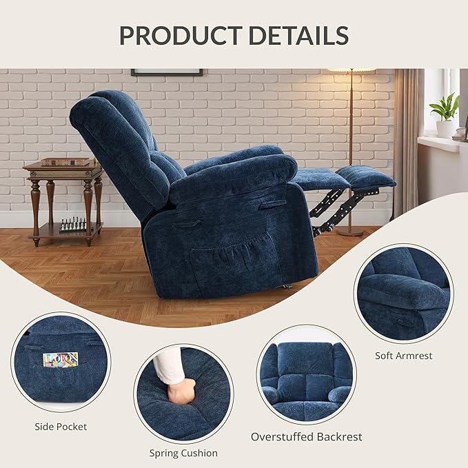 Velvet Rocker Recliner for Adults, Overstuffed Manual Recliner Chair with Spring Cushion, Rocking Chair with Side Pockets, Nursery Glider Recliner Single Sofa for Living Room (Medium, Blue)