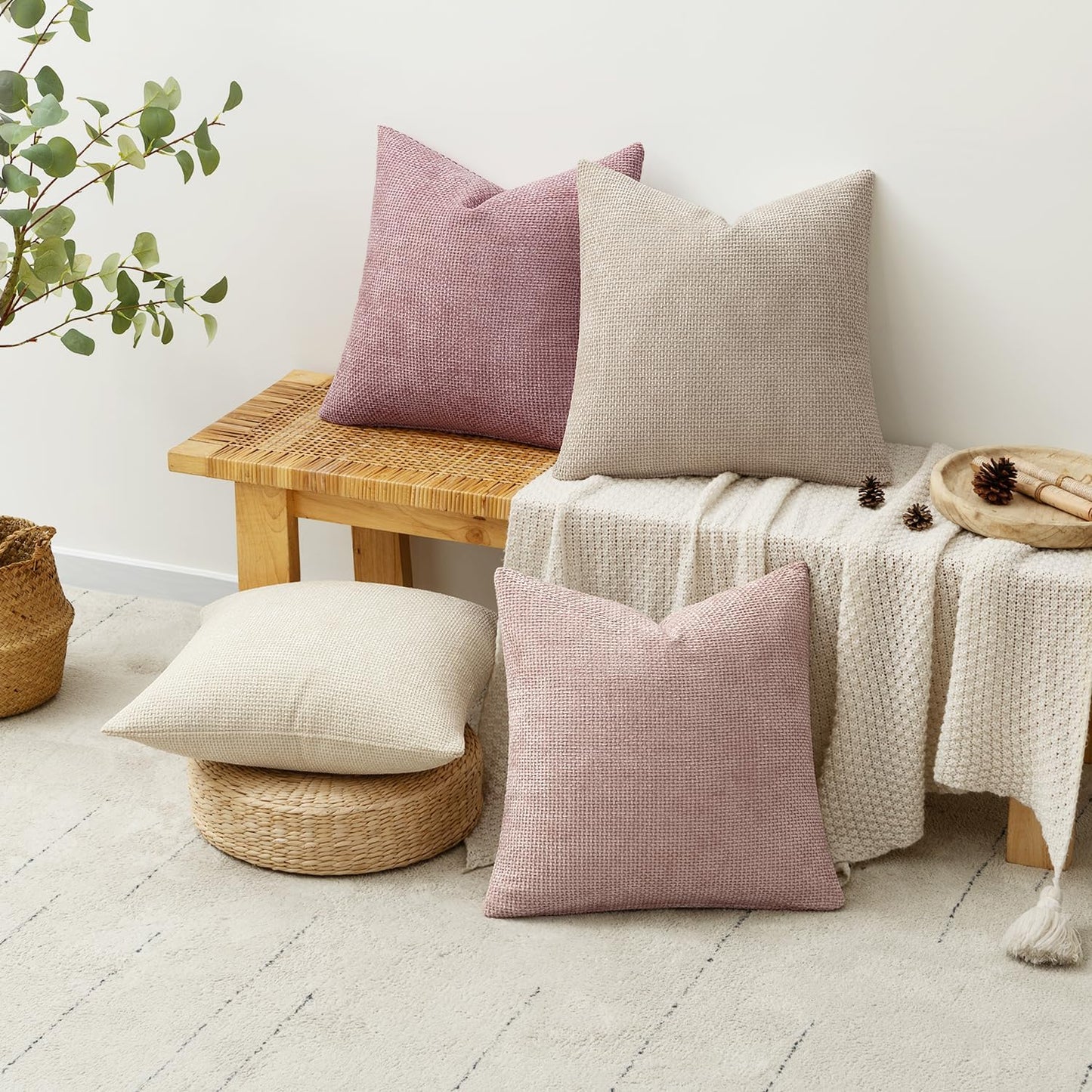 MIULEE Pack of 4 Couch Throw Pillow Covers 18x18 Inch Neutral Pink Cute Decorative Chenille Pillow Covers Farmhouse Boho Accent Cushion Covers for Coquette Room Decor Spring Sofa Bedroom Living Room