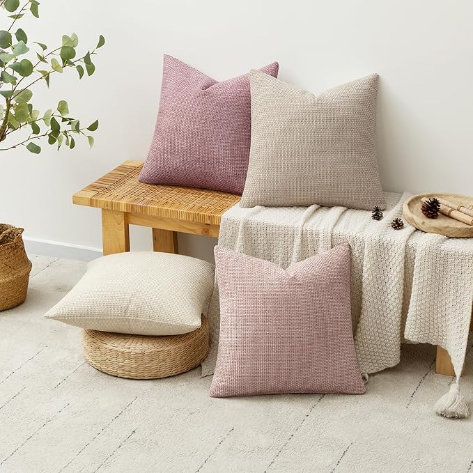 MIULEE Pack of 4 Couch Throw Pillow Covers 16x16 Inch Neutral Pink Cute Decorative Chenille Pillow Covers Farmhouse Boho Accent Cushion Covers for Coquette Room Decor Spring Sofa Bedroom Living Room