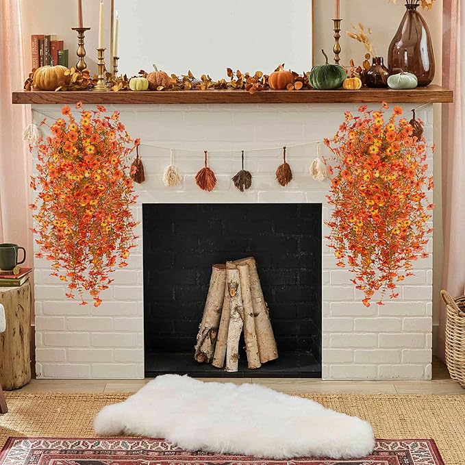 Fake Mums Artificial Fall Hanging Flowers for Outdoors Decoration 2 PCS Faux Mums for Outdoor Planters Fake Plants Look Real Daisy Flower No Fade Autumn Decor for Porch Home Patio Balcony and Yard