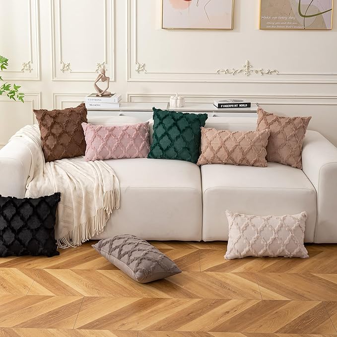 Set of 2 Soft Moroccan Throw Pillow Covers 20x20 Inch Plush Boho Decorative Pillow Cover Accent Cushion Case for Couch Sofa Bed, Black