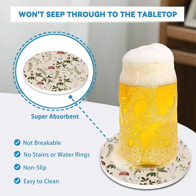 Coasters Set of 4, Mushroom Weeds Round 4" Ceramic & Cork Coasters, Absorbent, Ideal for Table Home Decor, Gifts for Women Men