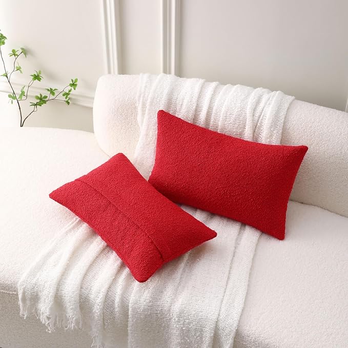 FUTEI Pack of 2 Red Decorative Throw Pillow Covers 12x20 Inch Soft Cozy Solid Boucle Textured Lumbar Pillow Cases,Modern Home Decor for Couch Bed Living Room