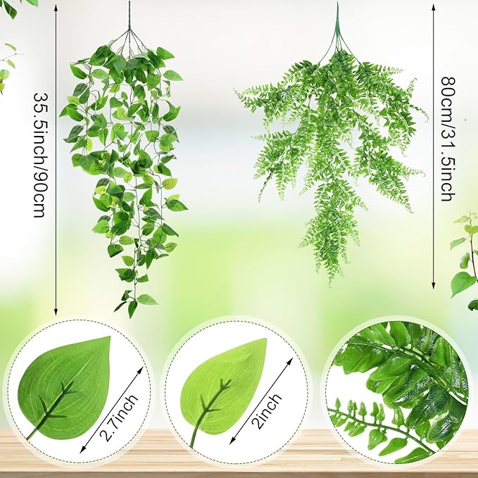 Hoteam 12 Pcs Artificial Hanging Plants 32 Inch Fake Ivy Vines with Fake Leaves Patio Artificial Plants Greenery for Living Room Indoor Outdoor Wall, No Basket (Pothos,Persian Grass)