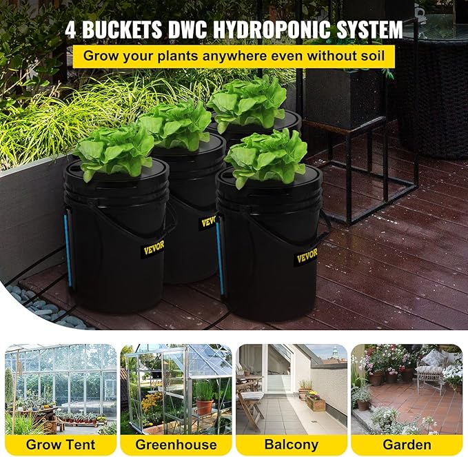 VEVOR DWC Hydroponic System, 5 Gallon 4 Buckets, Deep Water Culture Growing Bucket, Hydroponics Grow Kit with Pump, Air Stone and Water Level Device, for Indoor/Outdoor Leafy Vegetables