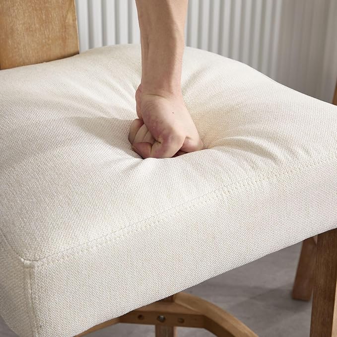 Linen Bar Stools Set of 4, Upholstered 27.7'' Counter Height Barstools with Curved Back, Farmhouse Wood Bar Chairs for Breakfast, Kitchen Island, Cafe, Beige