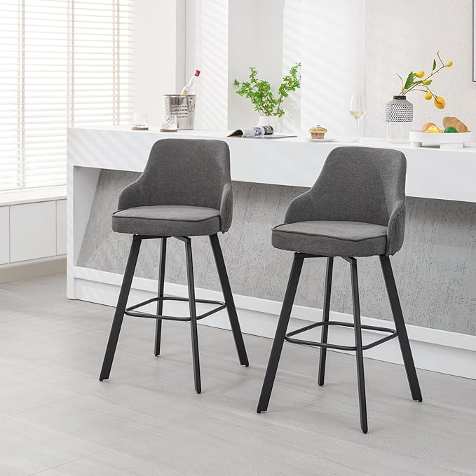 Bar Stools Set of 2, 30" Swivel Bar Height Bar Stool with High Back, Linen Kitchen Barstool Bar Height for Kitchen Island (Dark Grey, 2PCS 30" Bar Stools)