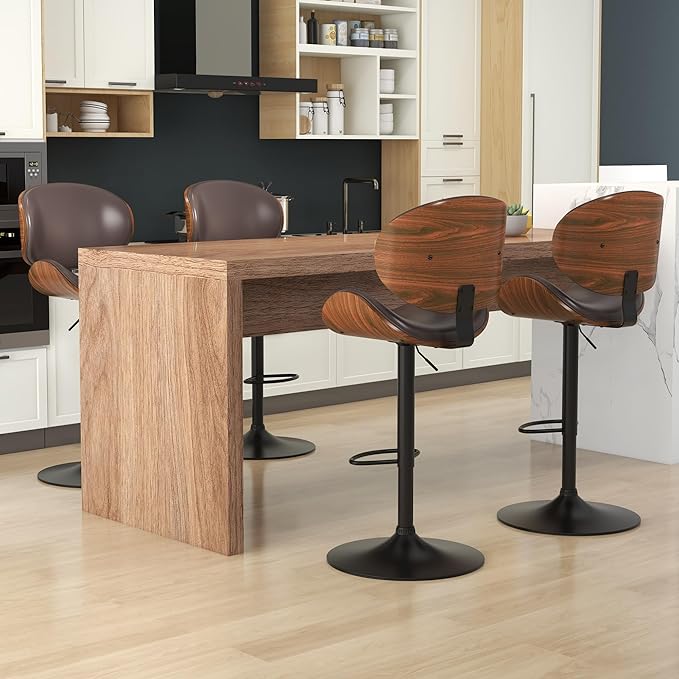 KCC Bar Stools Set of 6, Swivel Adjustable Height Barstools, PU Leather Upholstered Bar Chairs with Footrest, Bentwood Bar Stool for Kitchen, Bar, Dining Room(Brown PU)