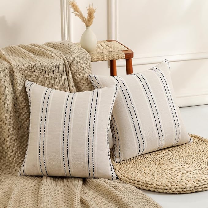 Hckot Throw Pillow Covers 20x20 Set of 2 Striped Pillow Covers Textured Linen Decorative Pillows Square Cushion Covers for Sofa Couch Bed Living Room Farmhouse Decor, Navy