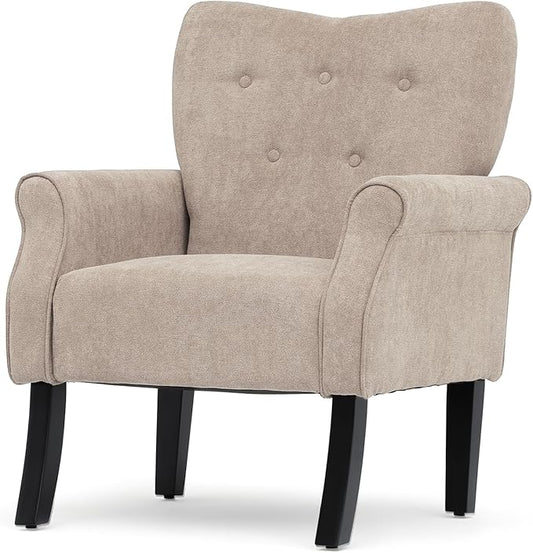 Athena Collection Mid Century Modern Chair for Living Room, Upholstered Wingback Reading Chair for Adults, Comfy Linen Fabric Armchair with Wooden Legs for Bedroom, Dorm, Balcony, Beige