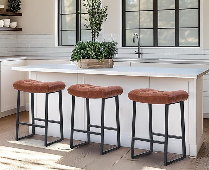 Modern Bar Stools Set of 4 for Kitchen Counter 24 inch Counter Height Backless Barstools with Upholstered Faux Leather Saddle Seat and Metal Frame Industrial Bar Chairs, Brown