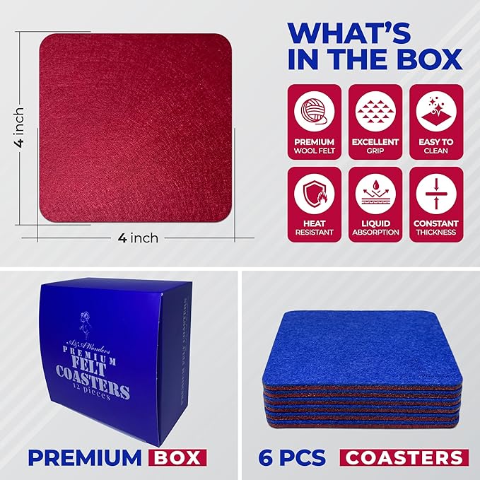 A&A Wonders Premium Felt Coasters for Drink, Two-Tone Reversible, Absorbent Felt Protects Furniture, Table, Anti Slip, Suitable for Drinks & All Table Types (Wine Red/Royal Blue, Square 6 Pack)
