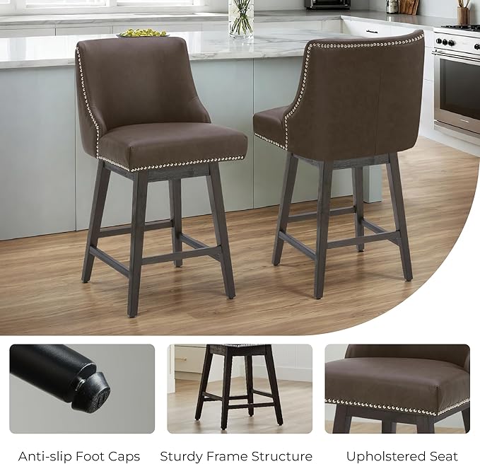 CHITA Counter Height Swivel Bar Stools Set of 2, FSC Certified Upholstered Counter Stools, Modern Swivel Barstools with Wood Legs for Kitchen Island, 26" Seat Height, Faux Leather in Chocolate