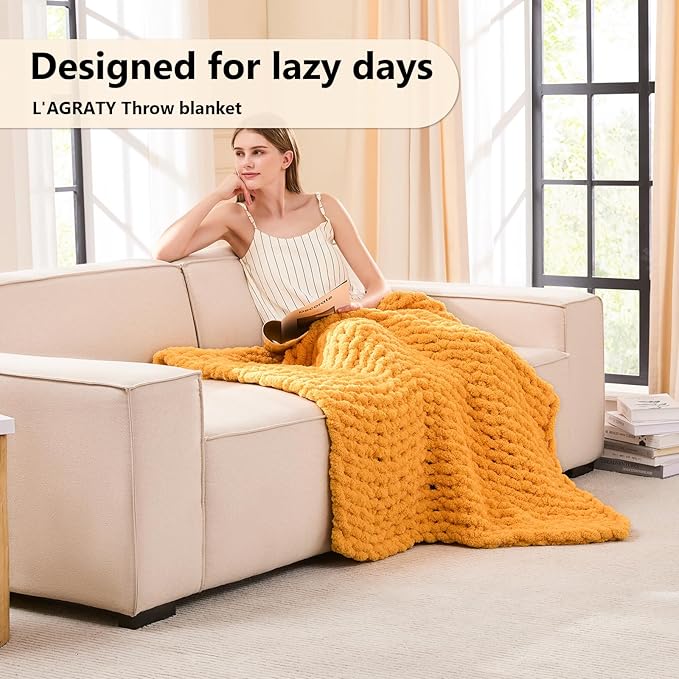 L'AGRATY Chunky Knit Throw Blanket - 40x50: 100% Hand-Knitted Chenile Crochet Blanket For Home Decor (Mustard Yellow)