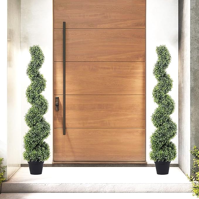 4FT Artificial Boxwood Spiral Topiary Trees, 4ft Tall (2 Pieces) Faux Plant Outdoor, All-Year Green Fake Plant with Replaceable Leaves for Decorative/Indoor/Porch/Garden